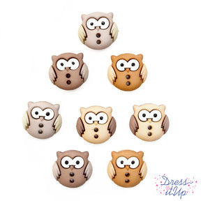 Pack of two hole owl shaped brown buttons for sewing and crafting