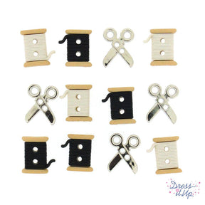 An assorted two-hole button pack of sewing spools and scissor embellishments for sewing creations. 