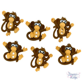 Sew-thru two-hole buttons in the shape of cartoon monkeys. 