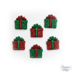 Red and green glue-on glittery presents embellish holiday crafts