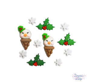 Cones with snowman faces, along with snowflakes and holly, add a whimsical touch to holiday and children's crafts