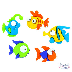 five bright colored shank-back button fish embellishments for crafting