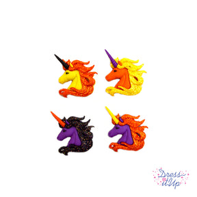Fantasy glitter unicorns in Halloween themed colors add to magical creations