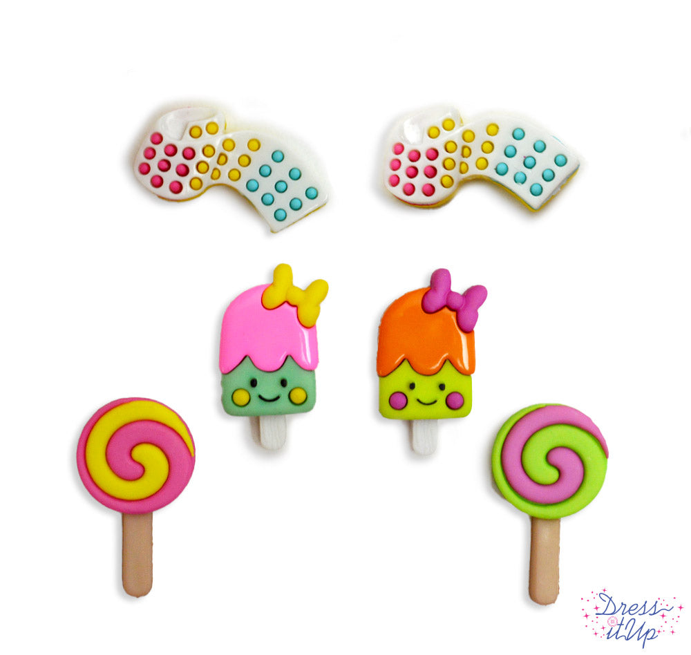 Popsicles, lollypops and candy buttons in bright colors add to summer and children's crafting