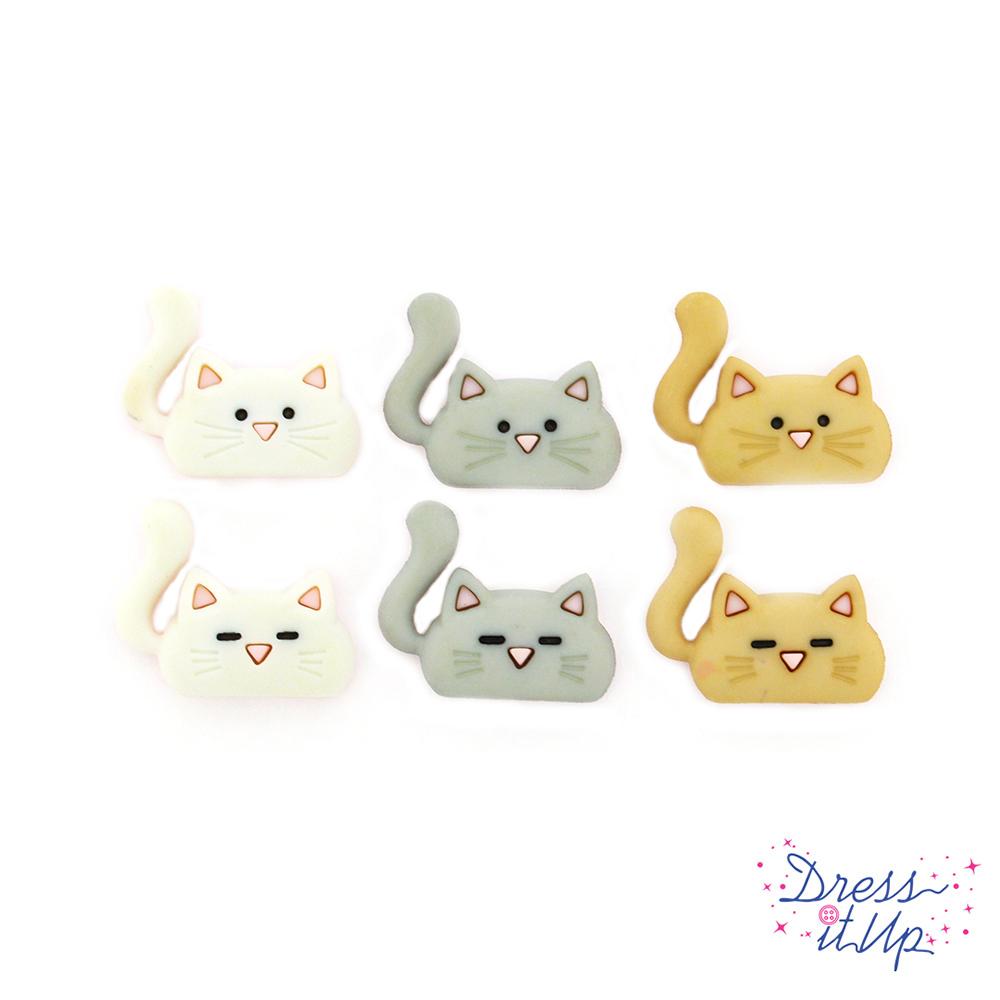 Six cartoon cat embellishments for sewing and craft projects