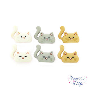 Six cartoon cat embellishments for sewing and craft projects