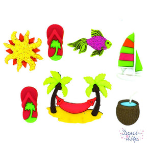tropical beach buttons. Flip-flops, coconut drink, fish, hammock, and glittery sun. 