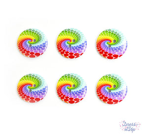 Round 2-hole wood buttons in a groovy rainbow swirl pattern