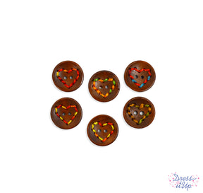 Wood 2-hole buttons with hearts made from colorful thread 