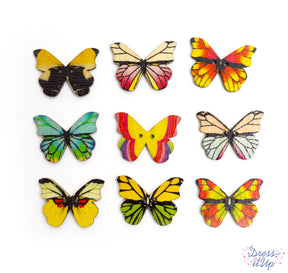 Butterfly shaped 2-hole buttons in various fun colors perfect for spring and summer sewing and crafting
