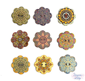 Flower shaped 2-hole wood buttons in printed patterns giving projects a bohemian feel 